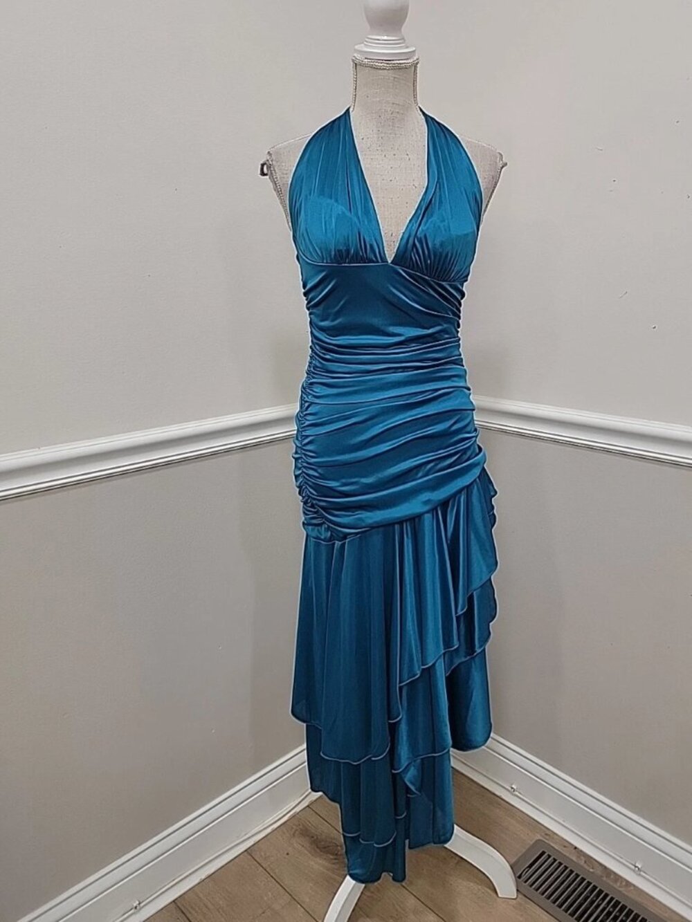 B.Darlin Teal Satin Jersey Ruched Formal Gown
